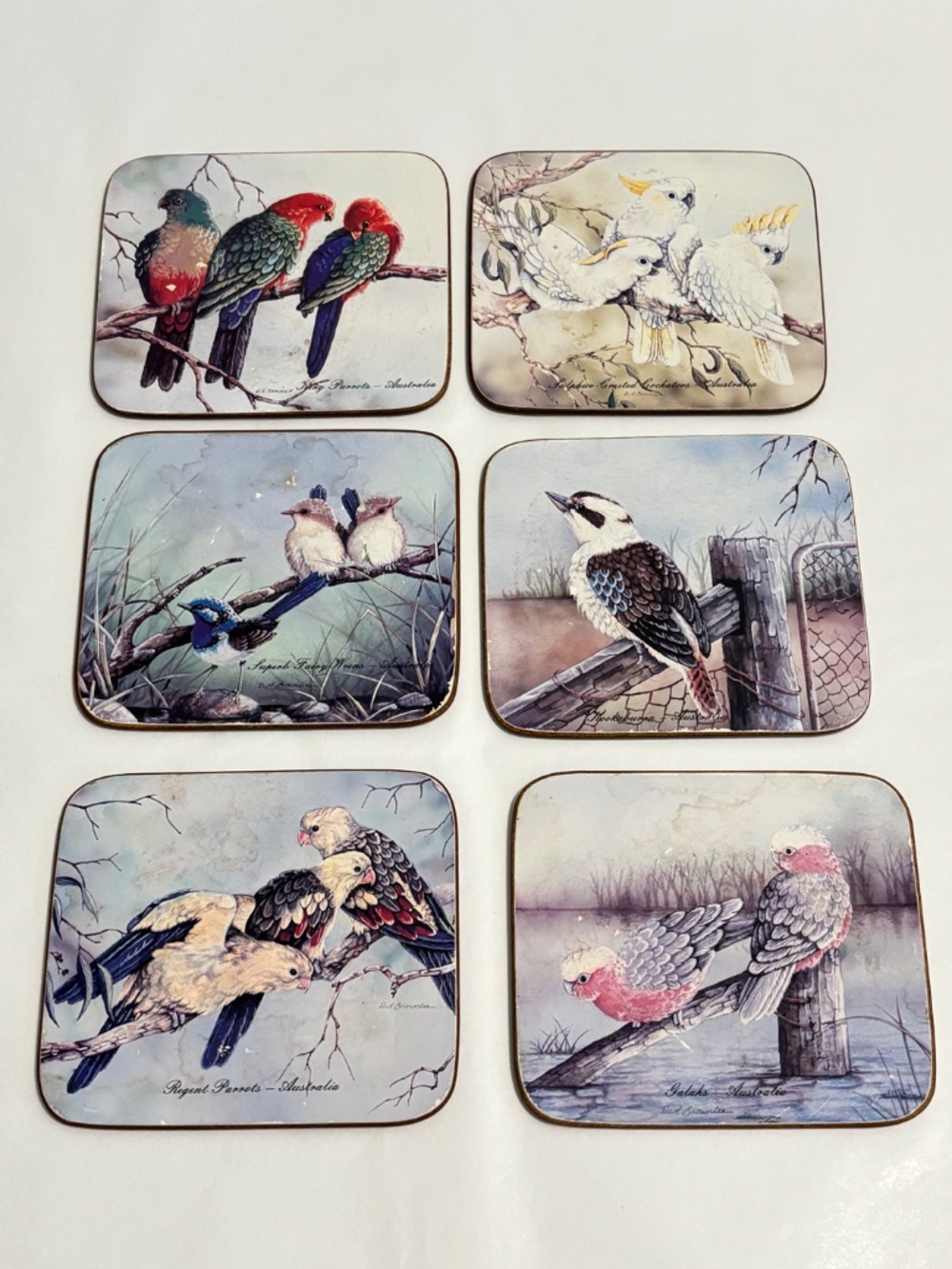 Vintage Dynasty coaster SET of SIX BROWNLIE BIRDS made in Australia cork backing